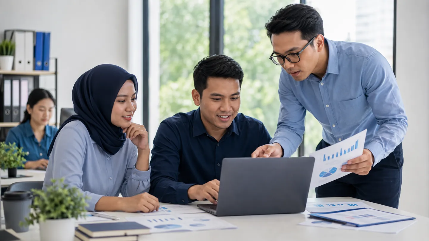 Tim kerja menganalisis data produktivitas melalui laptop dan laporan grafik